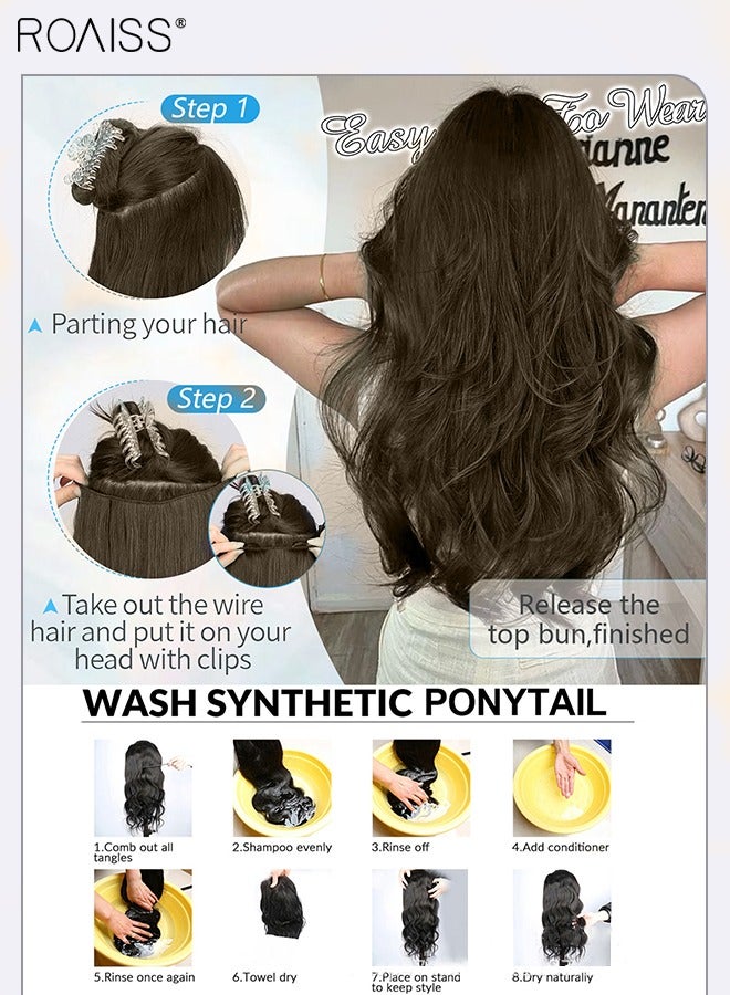 رويس وصلات شعر بنية غير مرئية بسلك معدني، وصلات شعر طويلة مجعدة قطعة واحدة مع 4 مشابك شعر، قطع شعر مستعار مموج طبيعي غير مرئية بخيط شبكي، شعر مستعار صناعي مقاوم للحرارة للنساء والفتيات - Image 4